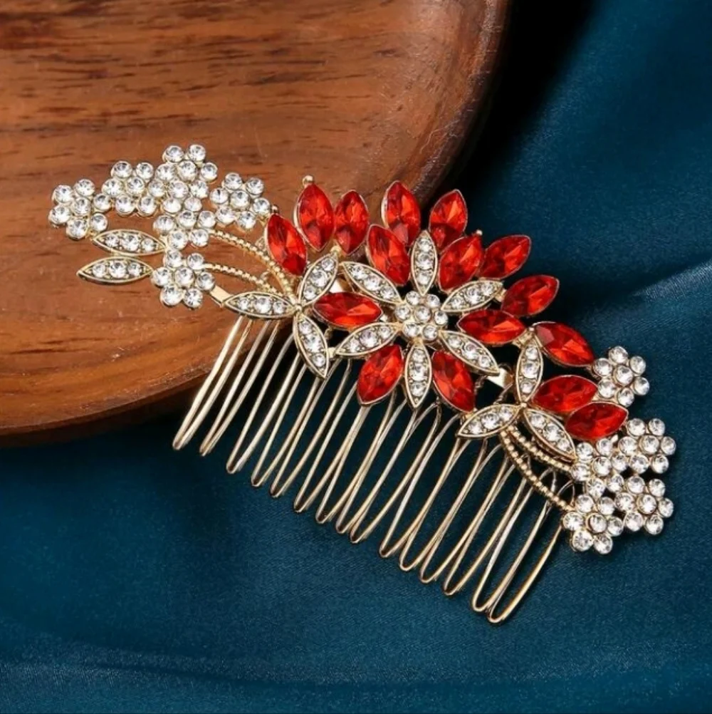 Bridal Comb Red Golden Rhinestone Floral Wedding Hair Comb